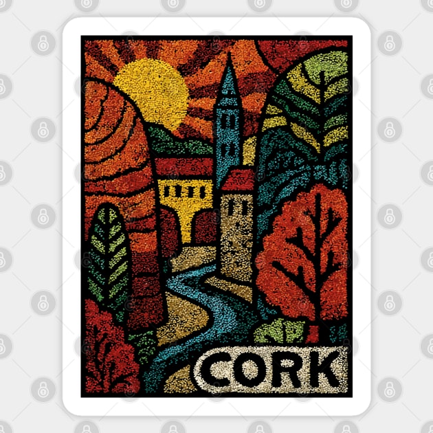 Historic Cork City Linocut Print | Ireland's River Lee & Shandon Bells Sticker by TuncGK